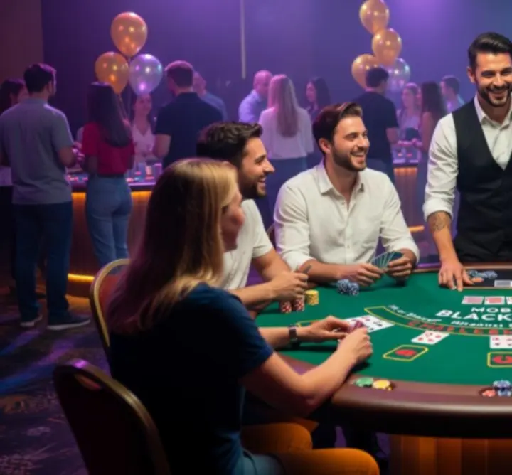 Rozgrywka blackjack z animatorem podczas mobilnego eventu