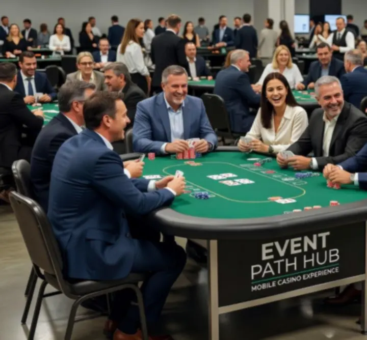 Mobilne stoły do gier na wydarzeniu z uczestnikami grającymi w poker i ruletkę